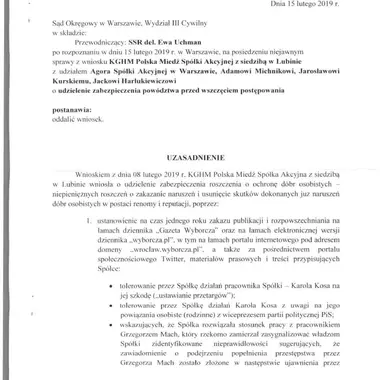 Postanowianie Sądu Okręgowego w Warszawie w sprawie wniosku KGHM