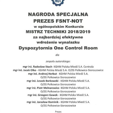 Nagroda Mistrza Techniki 20182019 - dyplom dla KGHM