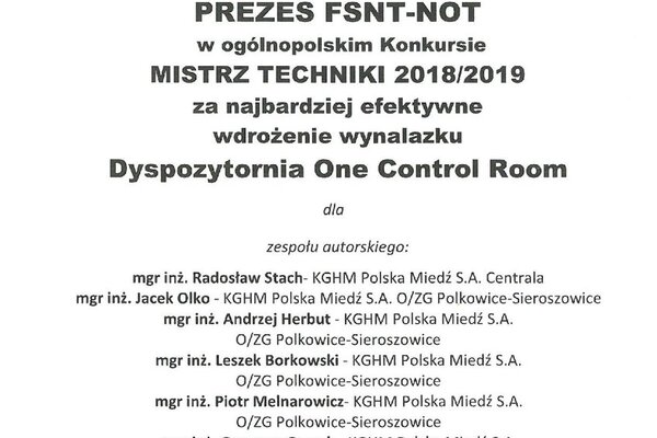 Nagroda Mistrza Techniki 20182019 - dyplom dla KGHM