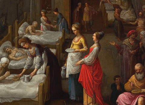 Fragment obrazu olejnego Święta Elżbieta i chorzy w szpitalu w Marburgu (Niemcy). Po lewej stronie  rząd łóżek i chorzy w nich leżący. W centrum dwie kobiety. 