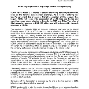 KGHM begins process of acquiring Canadian mining company - 06 December 2011