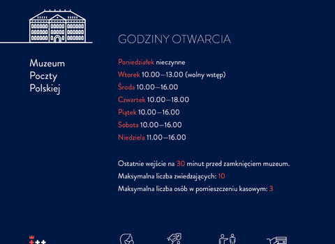 Infografika przedstawia opisane w tekście godziny otwarcia oddziałów Muzeum Gdańska oraz ikony z podstawowymi zasadami bezpieczeństwa (noś maseczkę, płać kartą, zachowaj dystans, dezynfekuj dłonie).

Godziny otwarcia: poniedziałek nieczynne, wtorek 10-13, środa piątek i sobota 10-16, czwartek 10-18, niedziela 11-18.  

Dotyczy Muzeum Poczty Polskiej