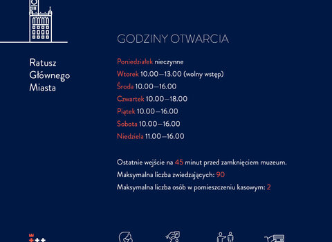 Infografika przedstawia opisane w tekście godziny otwarcia oddziałów Muzeum Gdańska oraz ikony z podstawowymi zasadami bezpieczeństwa (noś maseczkę, płać kartą, zachowaj dystans, dezynfekuj dłonie).

Godziny otwarcia: poniedziałek nieczynne, wtorek 10-13, środa piątek i sobota 10-16, czwartek 10-18, niedziela 11-18.  

Dotyczy Ratusza Głównego Miasta