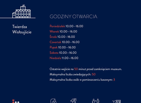 Infografika przedstawia opisane w tekście godziny otwarcia oddziałów Muzeum Gdańska oraz ikony z podstawowymi zasadami bezpieczeństwa (noś maseczkę, płać kartą, zachowaj dystans, dezynfekuj dłonie).

Godziny otwarcia: poniedziałek-niedziela 10-16 

Dotyczy Twierdzy Wisłoujście