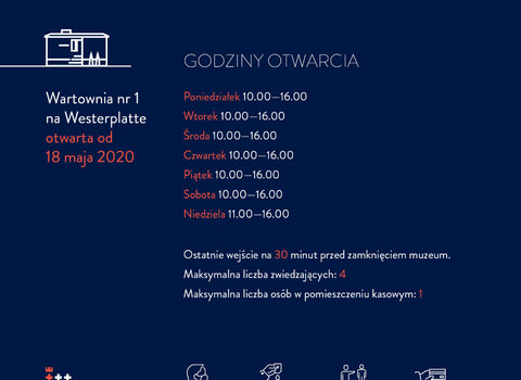 Infografika przedstawia opisane w tekście godziny otwarcia oddziałów Muzeum Gdańska oraz ikony z podstawowymi zasadami bezpieczeństwa (noś maseczkę, płać kartą, zachowaj dystans, dezynfekuj dłonie).

Godziny otwarcia: poniedziałek-niedziela 10-16 

Dotyczy Wartowni nr 1 na Westerplatte