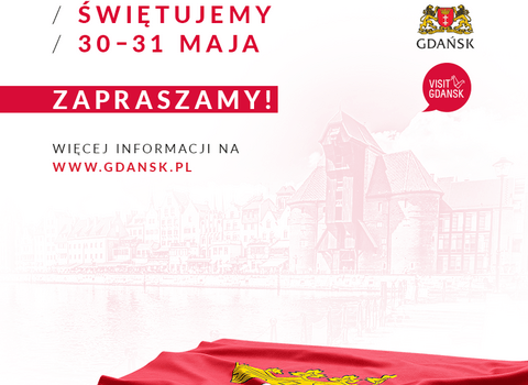 Plakat promocyjny akcji Czas na Gdańsk. Na dole czerwona flaga z herbem Gdańska. Na górze napis akcji Czas na Gdańsk.  