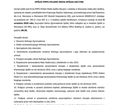 Ogłoszenie o zwołaniu Zwyczajnego Walnego Zgromadzenia Spółki PMPG Polskie Media S.A.