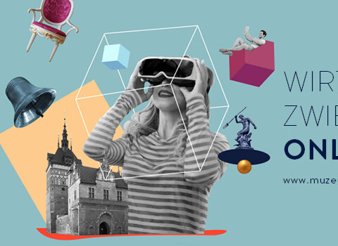 Grafika promująca projekt wycieczek online. W centrum kobieta z wirtualnymi goglami na głowie. Obok animowane budynki i przedmioty oraz adres www.wirtualne.muzeumgdansk.pl