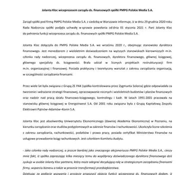 Powołanie Jolanty Kloc do pełnienia funkcji wiceprezesa ds. finansowych spółki PMPG Polskie Media SA