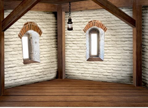 Grafika. Okrągłe pomieszczenie. Niewielkie okna w ścianach. Pobielone ściany. Drewniane słupy. 