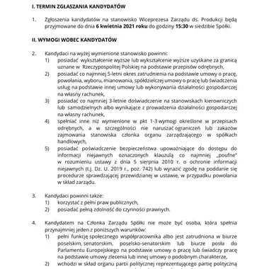 Ogłoszenie postępowania kwalifikacyjnego na Wiceprezesa Zarządu KGHM Polska Miedź S A  ds  Produkcji