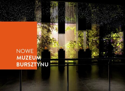 Wizualizacja wystawy stałej w Wielkim Młynie. Wystawa bursztynowy las. Po lewej pomarańczowy kwadrat i napis Nowe Muzeum Bursztynu.