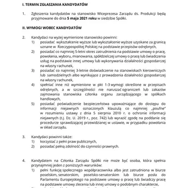 Ogłoszenie ws. postępowania kwalifikacyjnego na Wiceprezesa Zarządu KGHM Polska Miedż ds. Produkcji