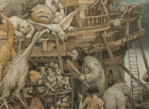 Zdjęcie. Obraz na płótnie. Groteskowe przedstawienie Noego i arki pełnej zwierząt. 