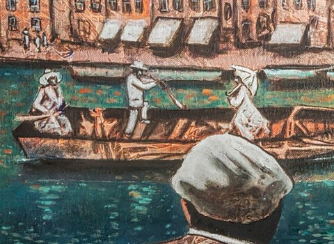 Grafia Fragment obrazu. Widoczny fragment Długiego Pobrzeża, na nim łódź z pasażerami.  