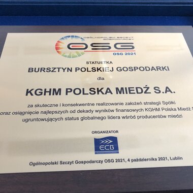 KGHM nagrodzony „Bursztynem Polskiej Gospodarki 2021″