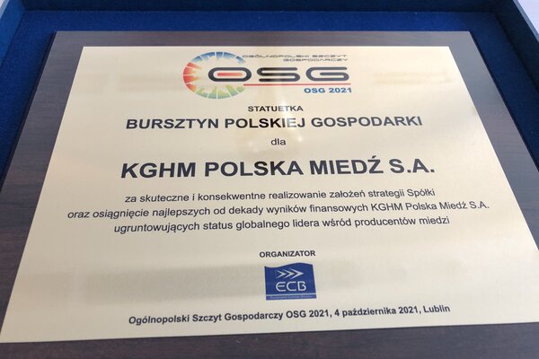 KGHM nagrodzony „Bursztynem Polskiej Gospodarki 2021″