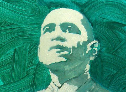 Biała sylwetka Baraka Obamy na zielonym tle. 