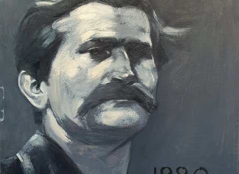 Portret Lecha Wałęsy w odcieniach szarości i czerni. W prawym rogu data 1980.