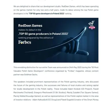 2022 05 30 RedDeer Games debuts in the TOP 50 game developers in Poland 2022 ranking