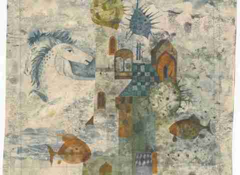 Baśniowa ilustracja przedstawiająca budynki w chmurach (?). Po lewej głowa rumaka. 