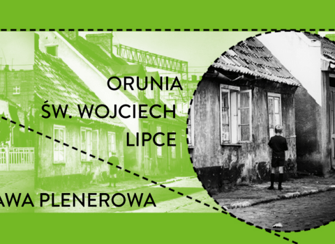 Grafika. Na zielonym tle w kole po prawej stronie fragment historycznego, czarno-białego zdjęcia przedstawiającego chłopce przed domem. 