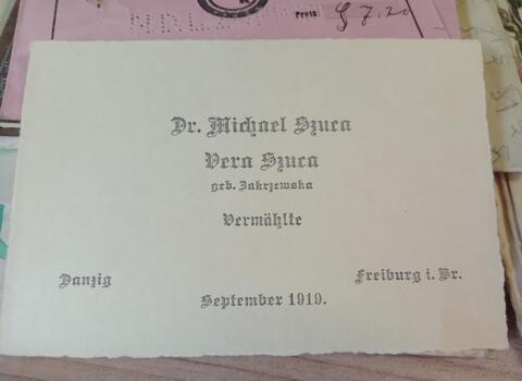 Niemieckojęzyczna karta zaślubin Michała i Weroniki z d. Zakrzewska z września 1919. 