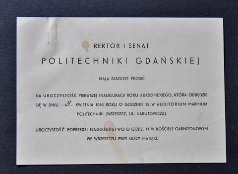 Zaproszenie na pierwszą inaugrację roku akademickiego na Politechnice Gdańskiej po II wojnie światow
