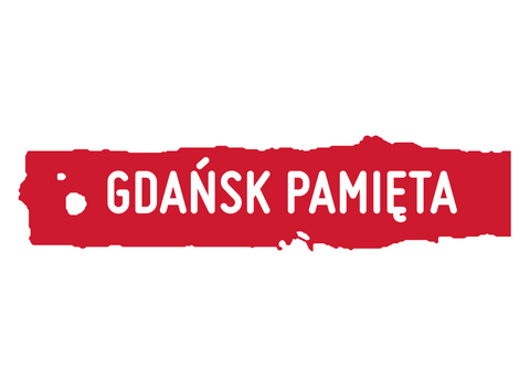 Grafika. Na białym tle biały napis Gdańsk pamięta w czerwonym polu. 