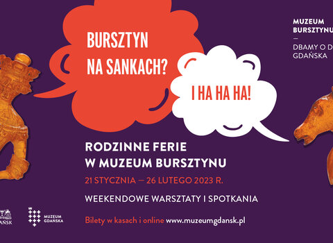 Grafika "Bursztynek na sankach". Na pierwszym planie figury szachowe z bursztynu - król i skoczek. 