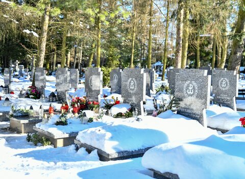 Cmentarz Łostowicki w Gdańsku. Przykryte śniegiem groby na Kwaterze AKowskiej w Gdańsku. 