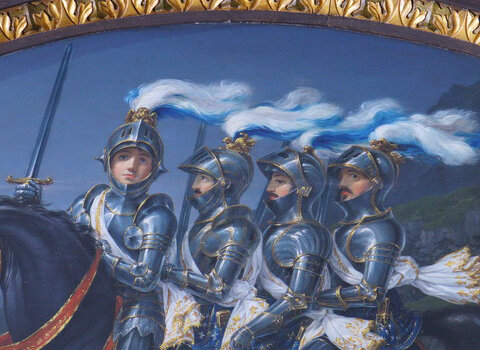 Obraz "Czterech synów Hajmona na koniu Bajardzie” Carla F. Meyerheima. Na obrazie czterech zbrojnych jedzie na jednym koniu.  