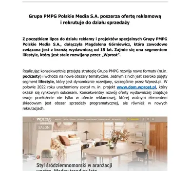 Grupa PMPG Polskie Media S A  poszerza ofertę reklamową i rekrutuje do działu sprzedaży