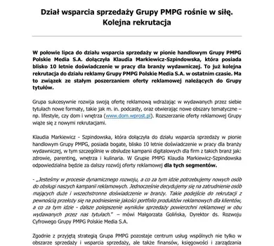 Dział wsparcia sprzedaży Grupy PMPG rośnie w siłę - Informacja prasowa
