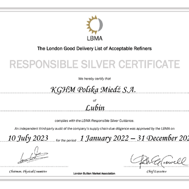 KGHM FY2022 LBMA Responsible Silver Guidance certificate