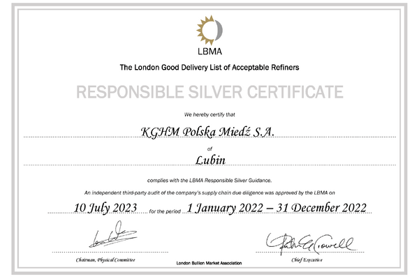KGHM FY2022 LBMA Responsible Silver Guidance certificate