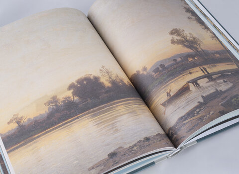 Katalog zawiera wizerunki obrazów z okresu XIX wieku. Na obu stronach wizerunek pejzażu przedstawiającego zbiornik wodny. 
