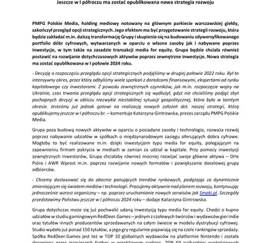 Grupa PMPG Polskie Media zakończyła przegląd opcji strategicznych - informacja prasowa