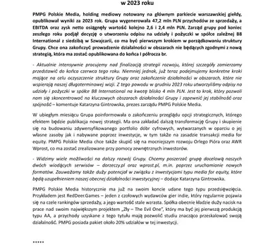 Grupa PMPG Polskie Media osiągnęła 47,2 mln PLN przychodów ze sprzedaży w 2023 roku - informacja pra