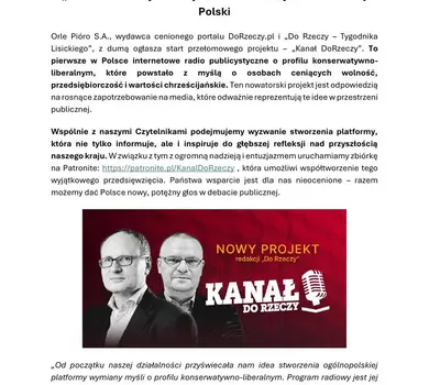 „Kanał Do Rzeczy” - Nowy Głos Konserwatywno-Liberalnej Polski - informacja prasowa