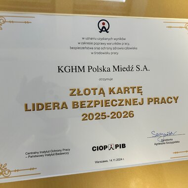 KGHM ze Złotą Kartą Lidera Bezpiecznej Pracy