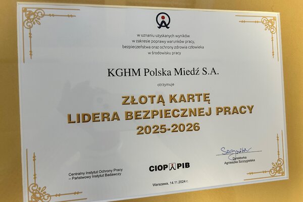 KGHM ze Złotą Kartą Lidera Bezpiecznej Pracy