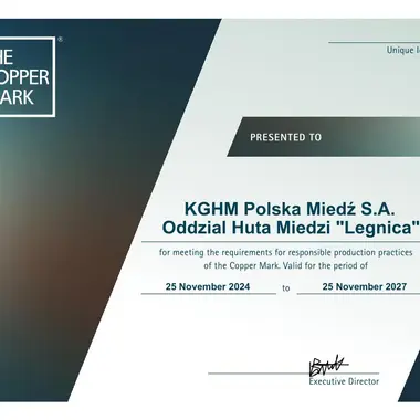 CopperMark AP Certificate KGHMPolskaMiedźS A OddzialHutaMiedzi Legnica 2024 11 25