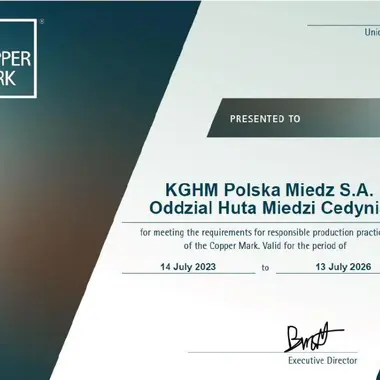 CopperMark AP Certificate KGHMPolskaMiedźS A OddzialHutaMiedzi Cedynia 2023 07 14