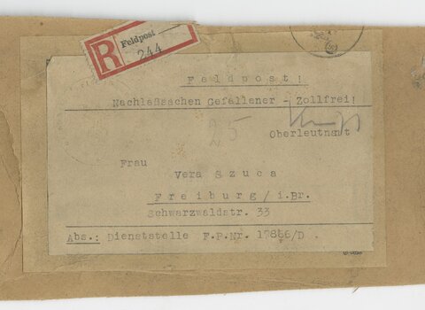 Wieczko pudełka, w którym Wehrmacht dosłał osobiste rzeczy Stanisława na adres matki Very Szuca.