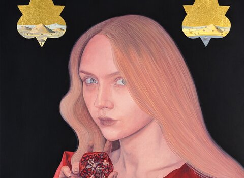 REVELATIO, 2025 Maria Lorek 24-karatowe złoto płatkowe, olej na desce  30 x 21 cm,  mat  ToTuart