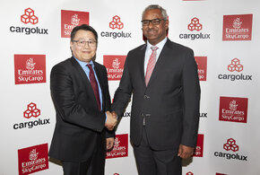 Richard Forson, Cargolux President & CEO and Nabil Sultan, Emirates Divisional Senior Vice President, Cargo at the Air Cargo Europe event in Munich, Germany. Emirates SkyCargo and Cargolux announce a strategic operational partnership in air cargo transportation.