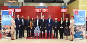 The VIP delegation at Dubai International Airport checking in for the inaugural Emirates flight to Zagreb, Croatia. From left to right: Stephan Schupbach, CEO Dogus Tourism Group; Madhavan Menon, Managing Director, Thomas Cook; Thierry Aucoc, Emirates' Senior Vice President Commercial Operations Europe and Russian Federation; Khadija Mohammed Ali Turki, Senior Manager Stakeholder Relations, International Operations, DTCM; Gari Cappelli, Minister of Tourism of Croatia; Thierry Antinori, Emirates’ Executive Vice President and Chief Commercial Officer; H.E. Ali Al Ahmed, UAE Ambassador to Croatia; Ibrahim Ahli, Director, Dubai-FDI; Andrea Novak, Procurement Manager, Merck Serono and Wang Haojie, Deputy General Manager, New Element (Beijing) International Travel Co.