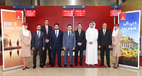 The VIP delegation on Emirates’ inaugural flight to Phnom Penh was led by Badr Abbas, Emirates Senior Vice President-Commercial Operations (Far East). The VIPs included (from Left to Right): Mohamed Al Kamali, Deputy Chief Executive Officer, Dubai Exports; Ravishankar Mirle, Emirates Vice President Cargo Commercial (Far East and Australasia); Mohammed Al Rais, Managing Director, Al Rais Travel; Badr Abbas, Emirates Senior Vice President, Commercial Operations Far East and Australasia; Mohamed Mahgoub, Administration Director, Dubai Chamber; Brigadier Talal Ahmed AlShangeti, General Director of Airport Passport Sector; Salem Obaidalla, Emirates Senior Vice President Aeropolitical and Industry Affairs