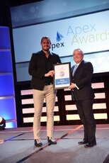 Patrick Brannelly – Divisional Vice-President for Customer Experience (Inflight Entertainment & Connectivity) at Emirates, receives the Passenger Choice award for Best Entertainment at the 2017 APEX Passenger Choice Awards.jpg